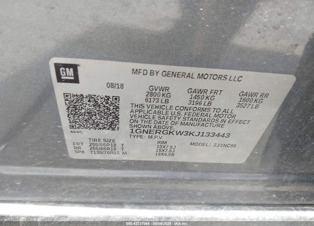 2019 CHEVROLET TRAVERSE VIN: 1GNERGKW3KJ133443