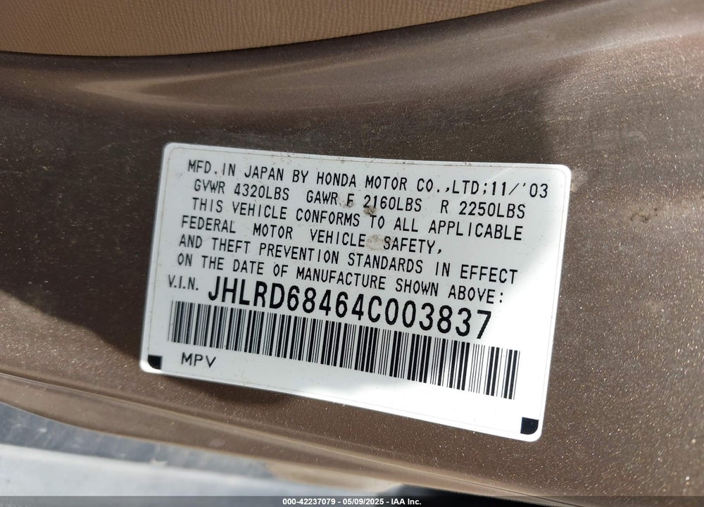 2004 HONDA CR-V LX VIN: JHLRD68464C003837