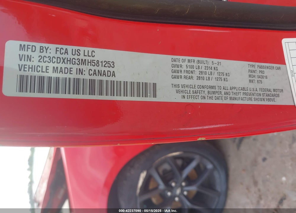 2021 DODGE CHARGER VIN: 2C3CDXHG3MH581253