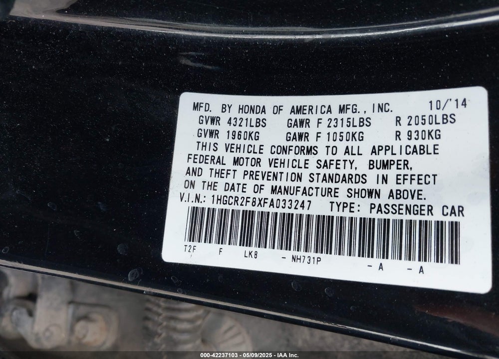 2015 HONDA ACCORD VIN: 1HGCR2F8XFA033247