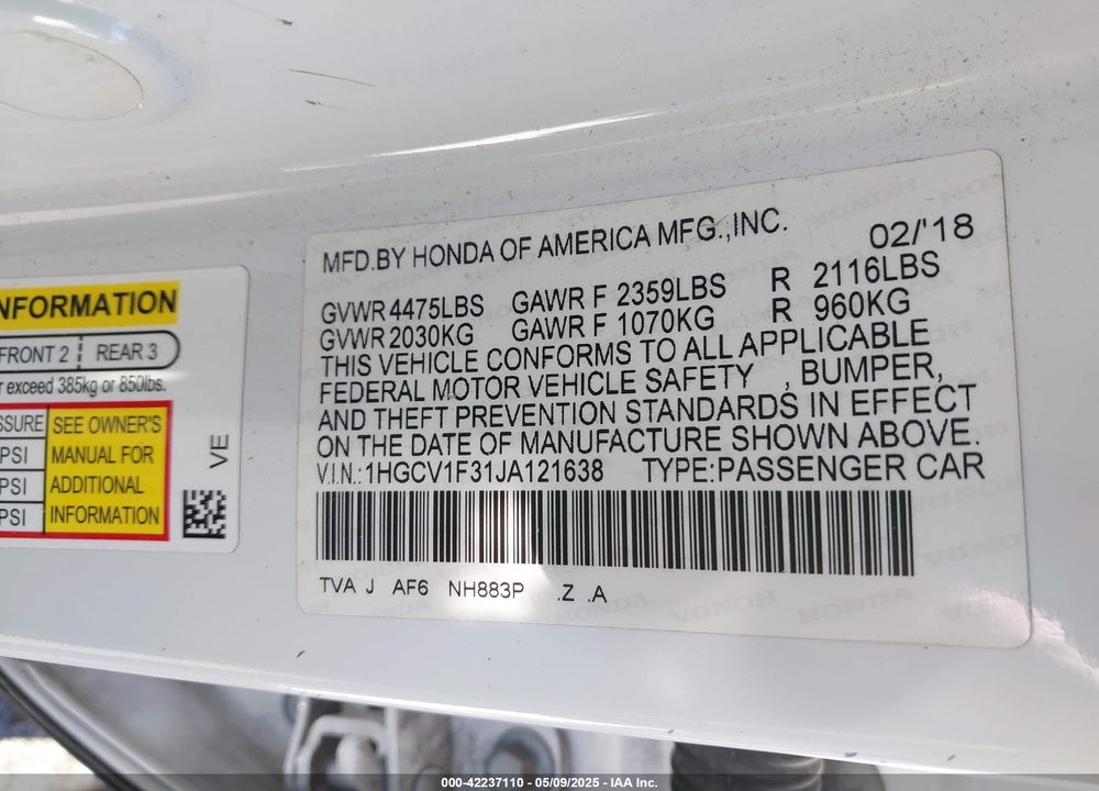 2018 HONDA ACCORD SPORT VIN: 1HGCV1F31JA121638