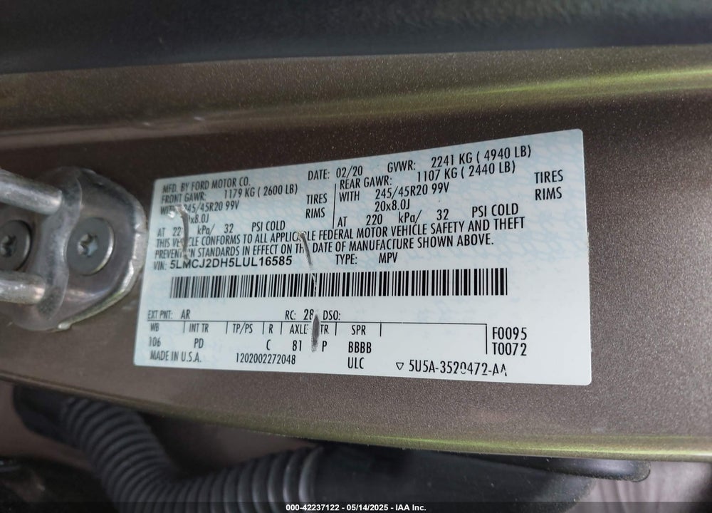2020 LINCOLN CORSAIR VIN: 5LMCJ2DH5LUL16585