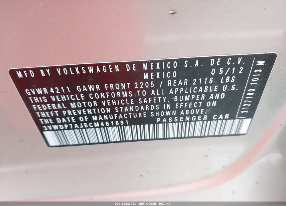 2012 VOLKSWAGEN JETTA 2.5L SE VIN: 3VWDP7AJ5CM461691