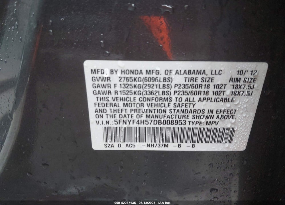 2013 HONDA PILOT VIN: 5FNYF4H57DB008953