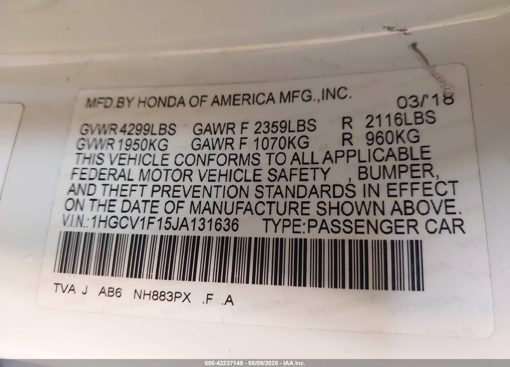 2018 HONDA ACCORD VIN: 1HGCV1F15JA131636