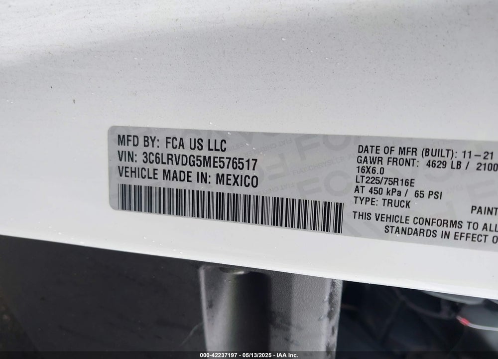 2021 RAM PROMASTER 2500 HIGH ROOF 159 WB VIN: 3C6LRVDG5ME576517