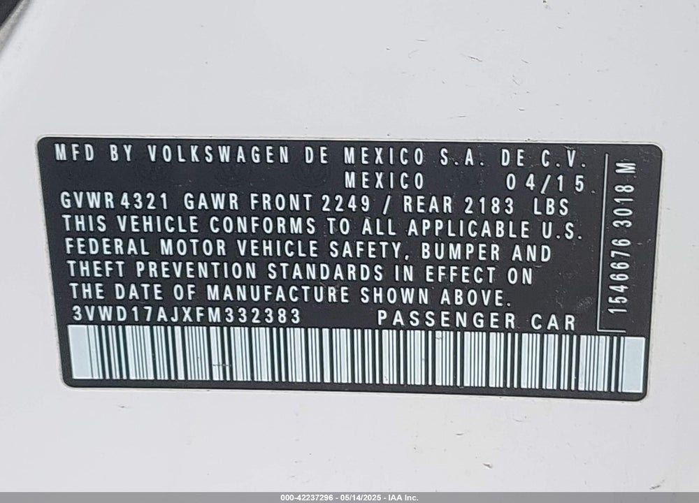 2015 VOLKSWAGEN JETTA VIN: 3VWD17AJXFM332383