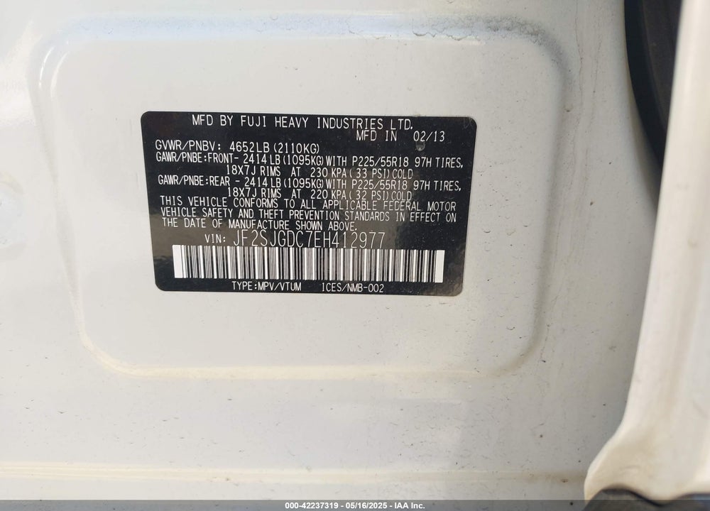 2014 SUBARU FORESTER VIN: JF2SJGDC7EH412977