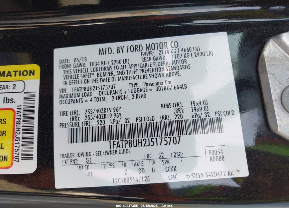 2018 FORD MUSTANG VIN: 1FATP8UH2J5175707