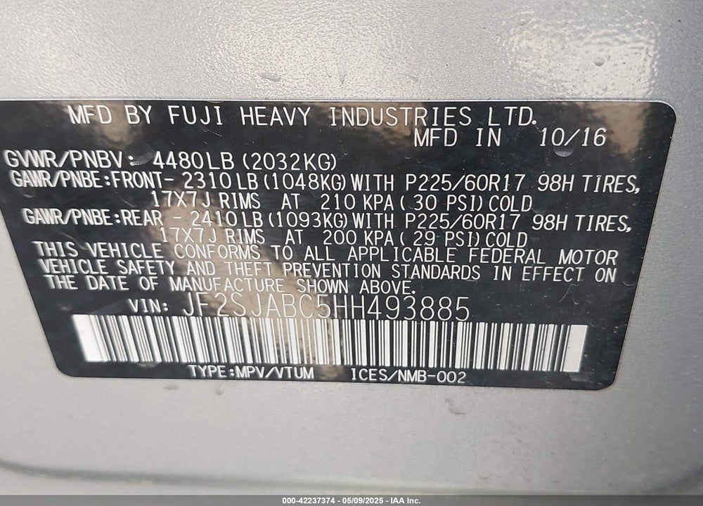 2017 SUBARU FORESTER 2.5I VIN: JF2SJABC5HH493885