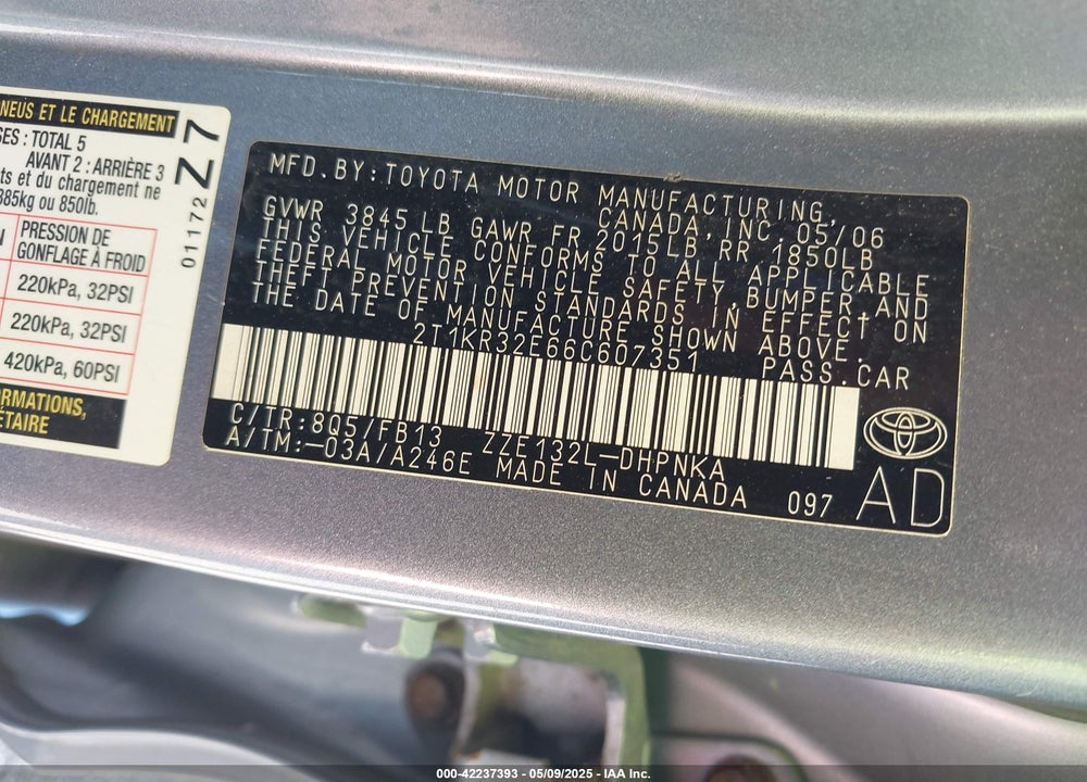 2006 TOYOTA MATRIX/XR VIN: 2T1KR32E66C607351