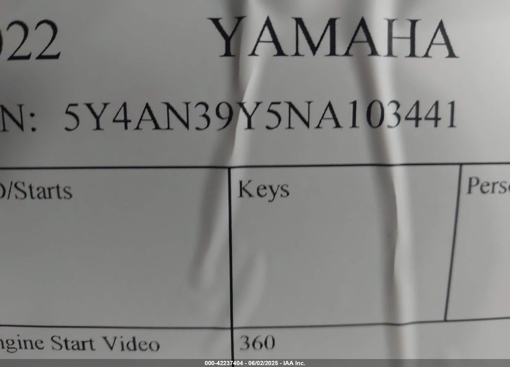 2022 YAMAHA YXE1000 VIN: 5Y4AN39Y5NA103441