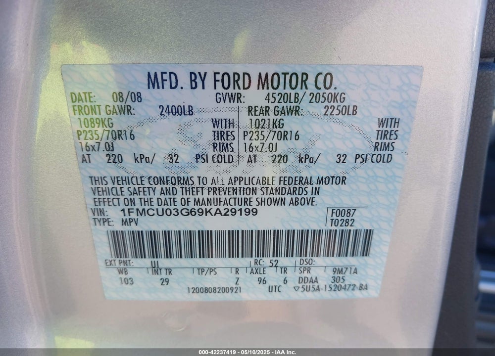2009 FORD ESCAPE VIN: 1FMCU03G69KA29199