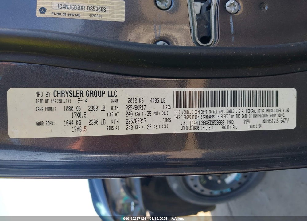 2014 JEEP COMPASS SPORT VIN: 1C4NJCBBXED853668