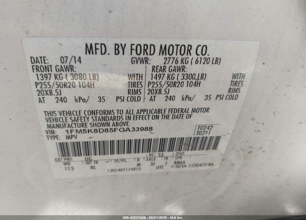 2015 FORD EXPLORER XLT VIN: 1FM5K8D85FGA33988