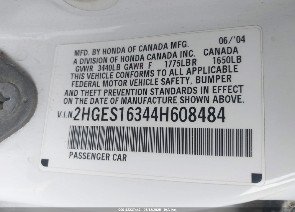 2004 HONDA CIVIC VP VIN: 2HGES16344H608484