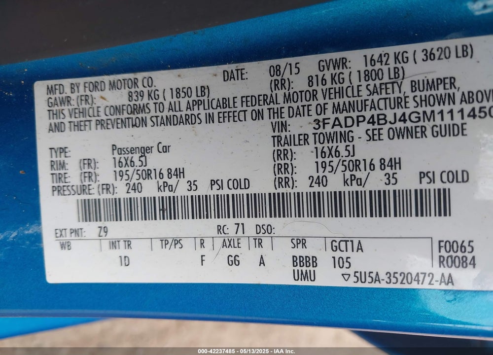 2016 FORD FIESTA SE VIN: 3FADP4BJ4GM111450