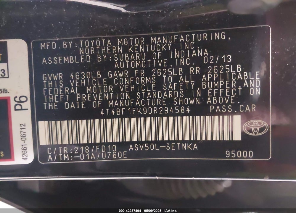2013 TOYOTA CAMRY VIN: 4T4BF1FK9DR294584