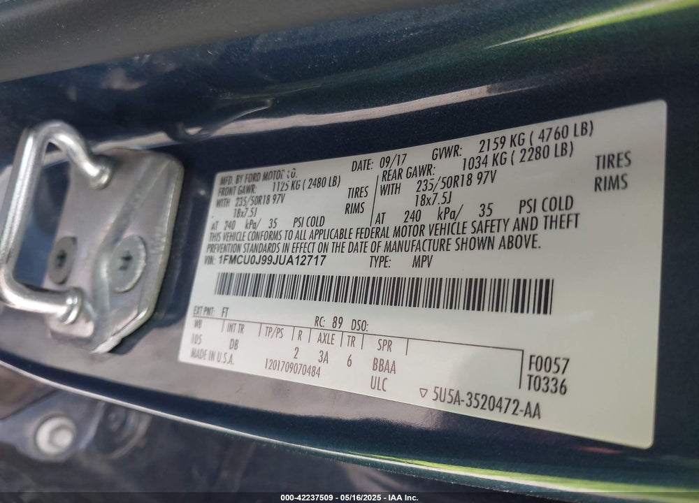 2018 FORD ESCAPE VIN: 1FMCU0J99JUA12717