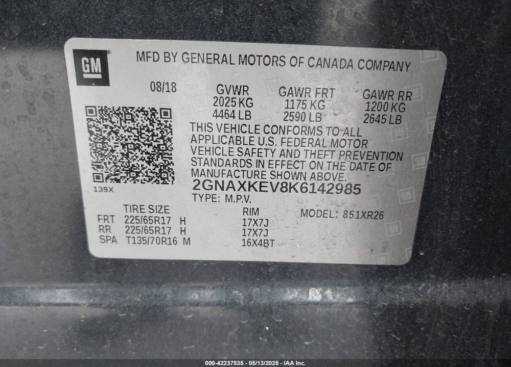 2019 CHEVROLET EQUINOX LT VIN: 2GNAXKEV8K6142985
