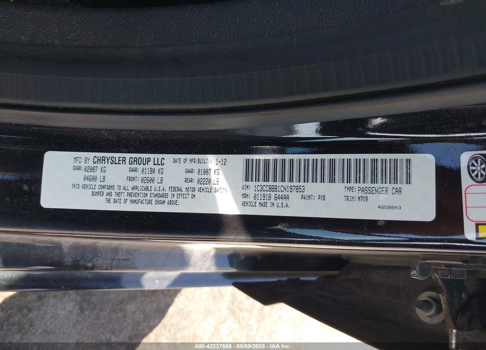 2012 CHRYSLER 200 VIN: 1C3CCBBB1CN197853
