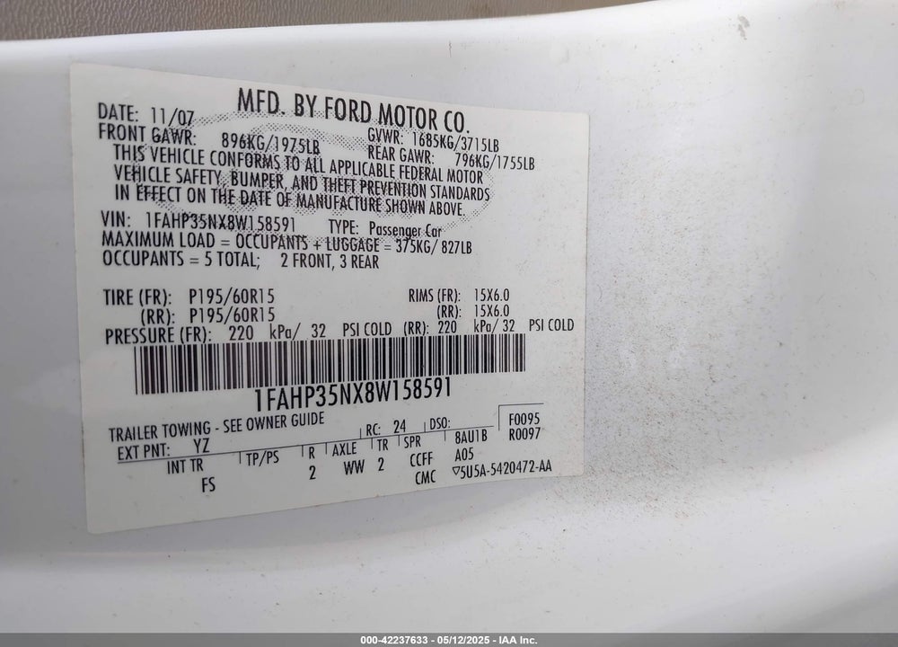 2008 FORD FOCUS VIN: 1FAHP35NX8W158591