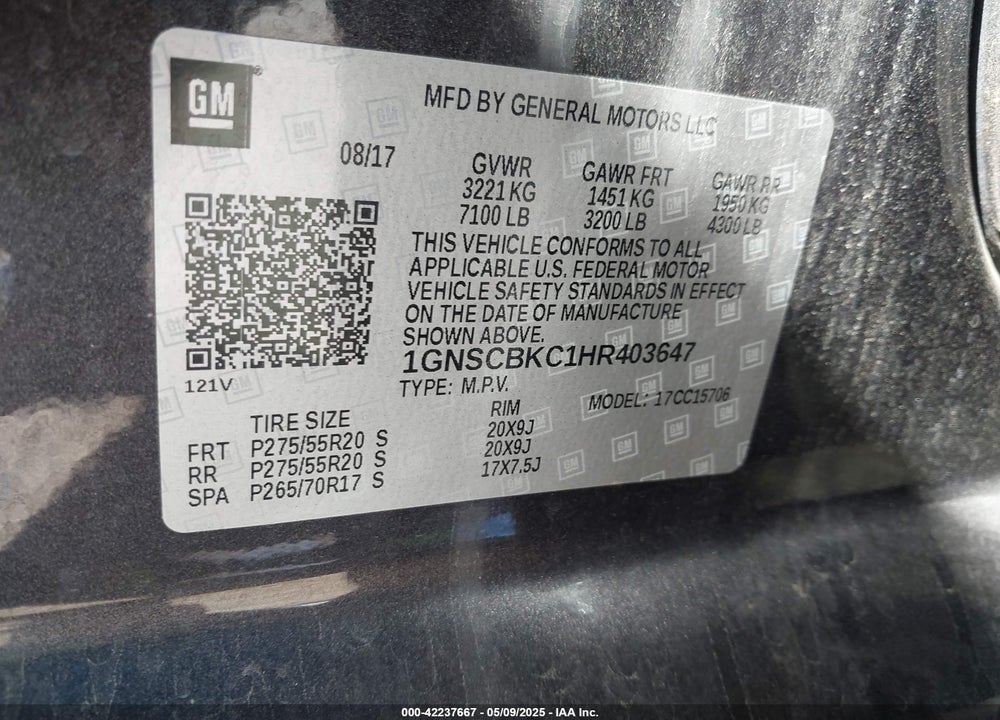 2017 CHEVROLET TAHOE VIN: 1GNSCBKC1HR403647