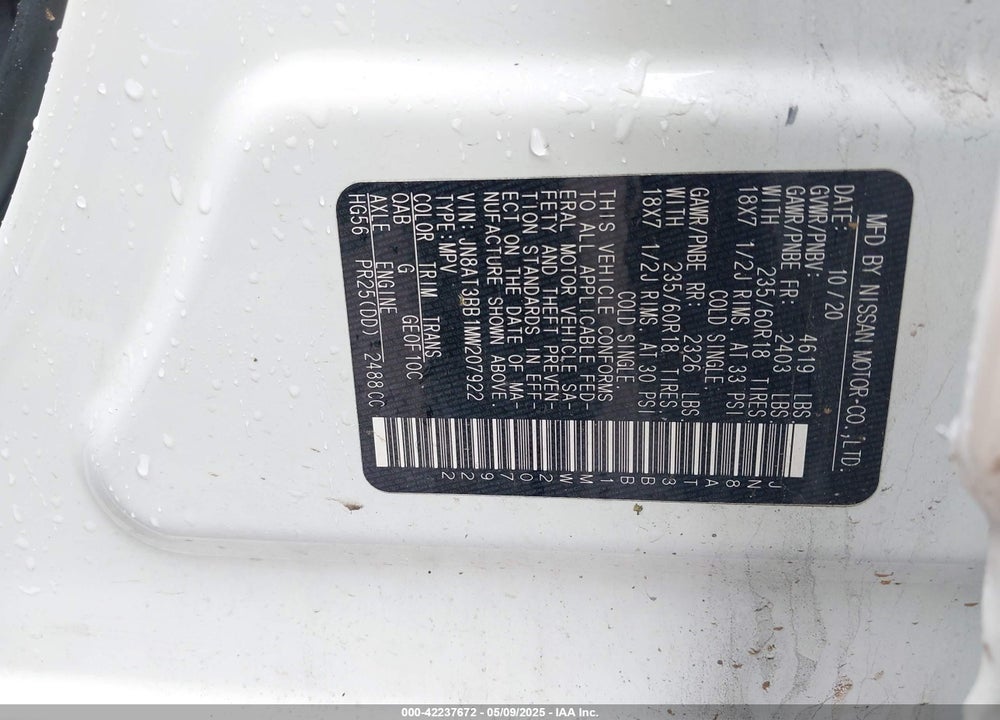 2021 NISSAN ROGUE VIN: JN8AT3BB1MW207922