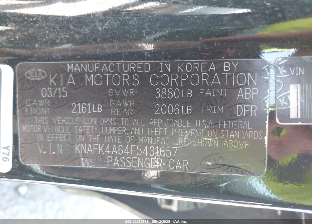 2015 KIA FORTE LX VIN: KNAFK4A64F5431657
