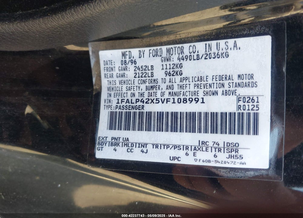 1997 FORD MUSTANG GT VIN: 1FALP42X5VF108991