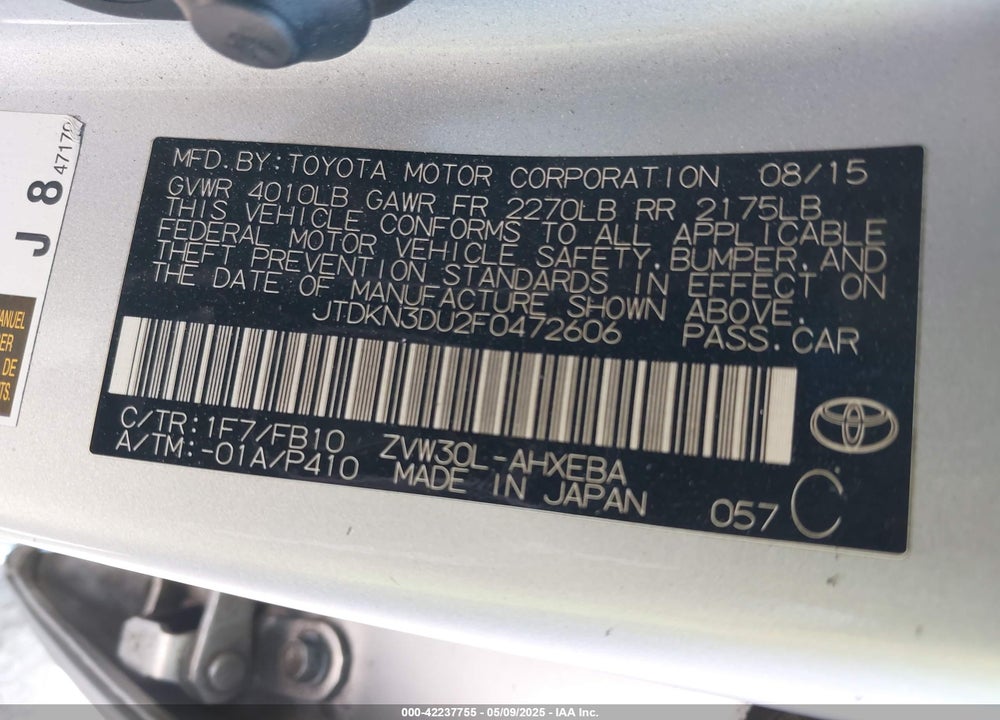 2015 TOYOTA PRIUS VIN: JTDKN3DU2F0472606