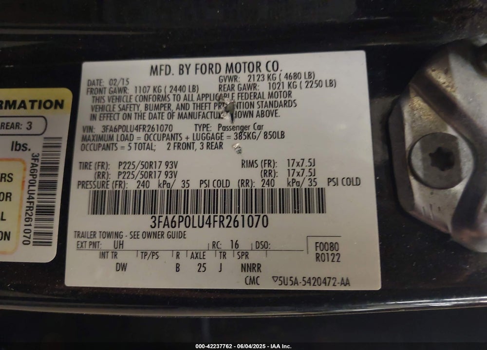 2015 FORD FUSION VIN: 3FA6P0LU4FR261070