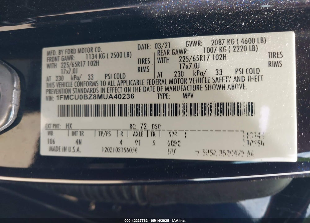2021 FORD ESCAPE VIN: 1FMCU0BZ8MUA40236