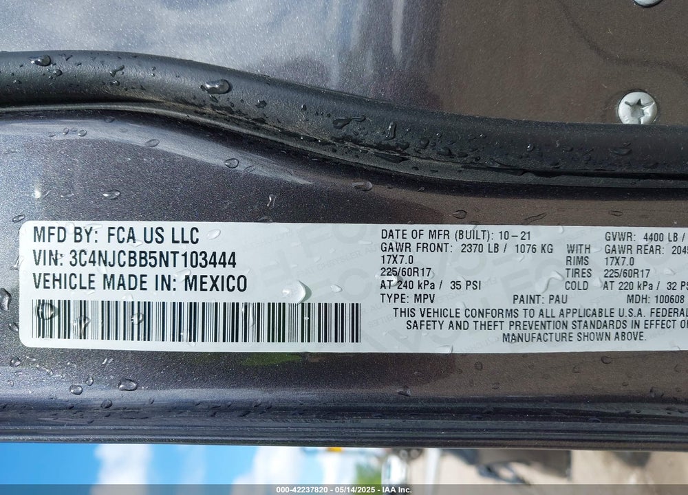2022 JEEP COMPASS VIN: 3C4NJCBB5NT103444
