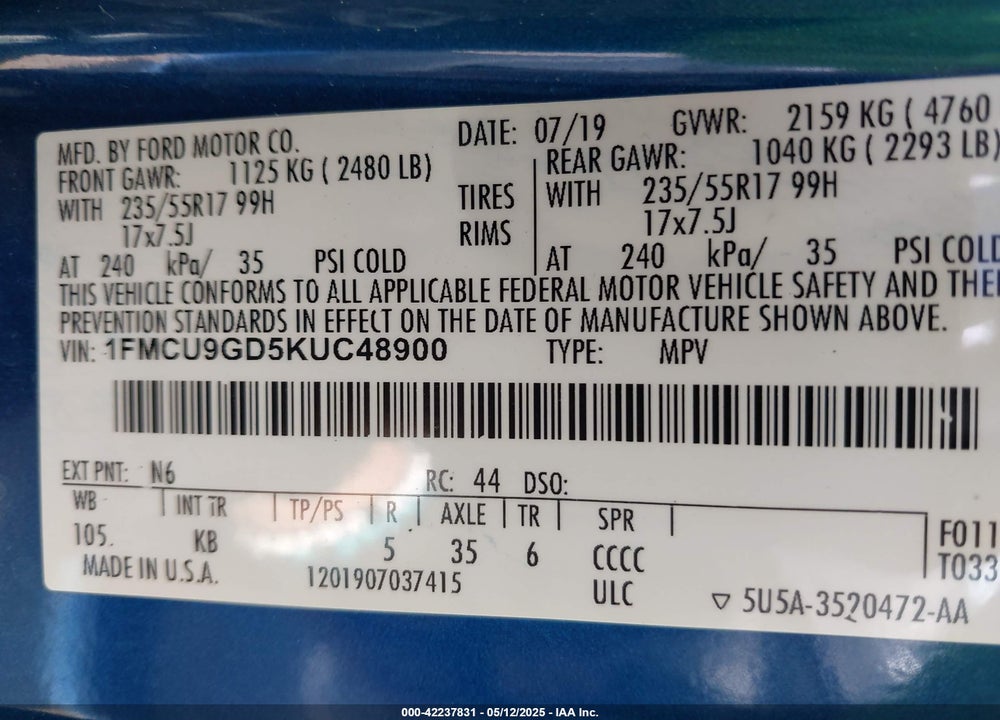 2019 FORD ESCAPE VIN: 1FMCU9GD5KUC48900