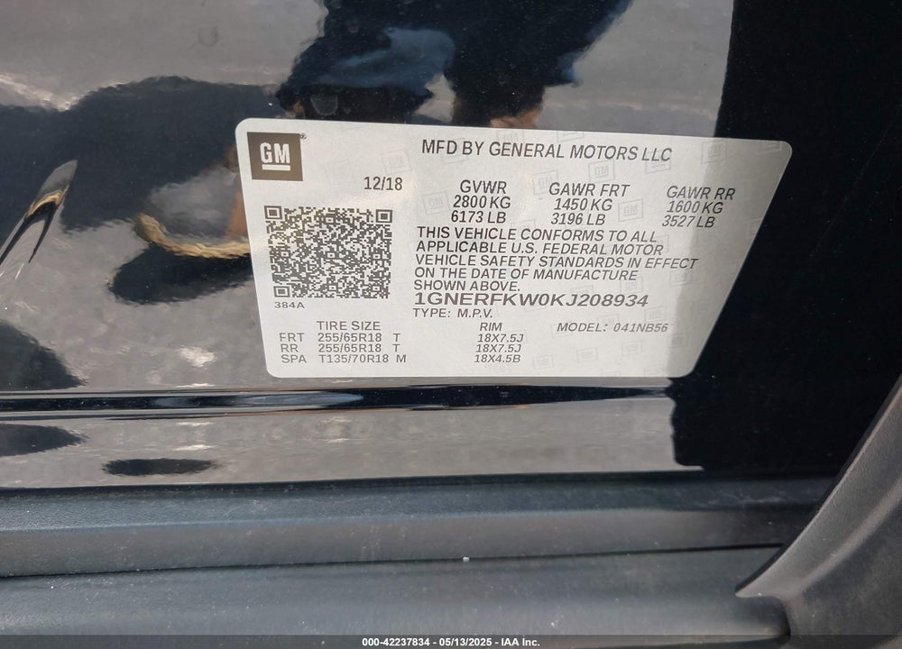 2019 CHEVROLET TRAVERSE VIN: 1GNERFKW0KJ208934