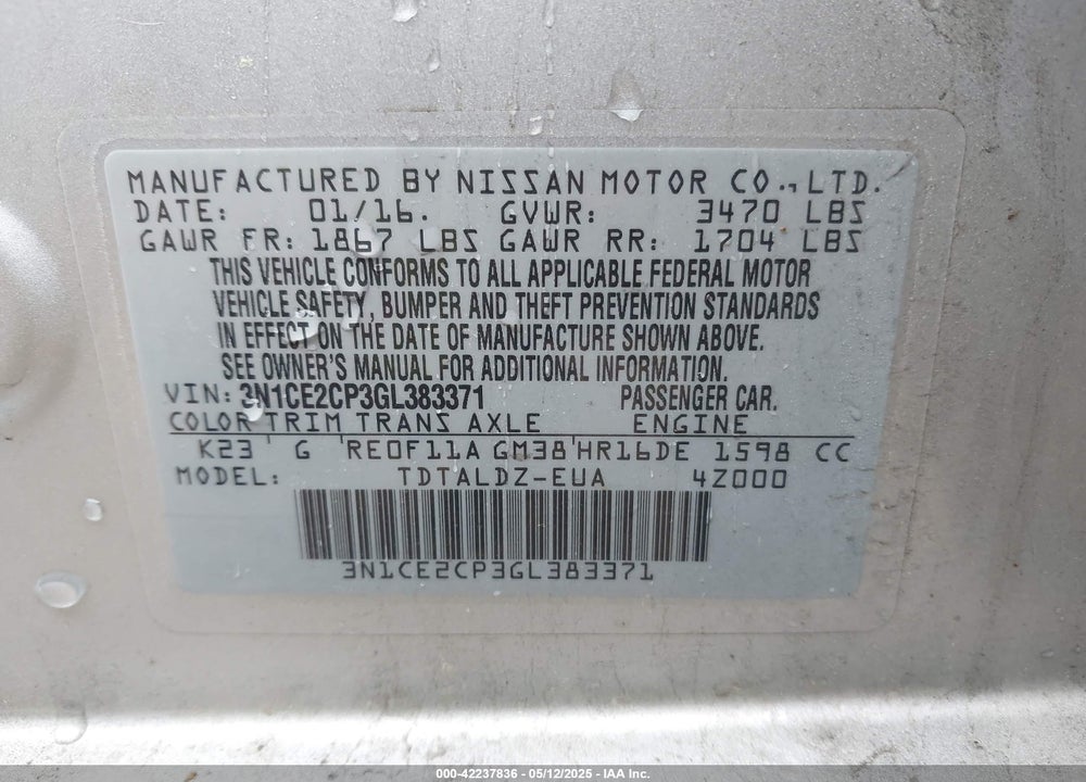 2016 NISSAN VERSA NOTE VIN: 3N1CE2CP3GL383371