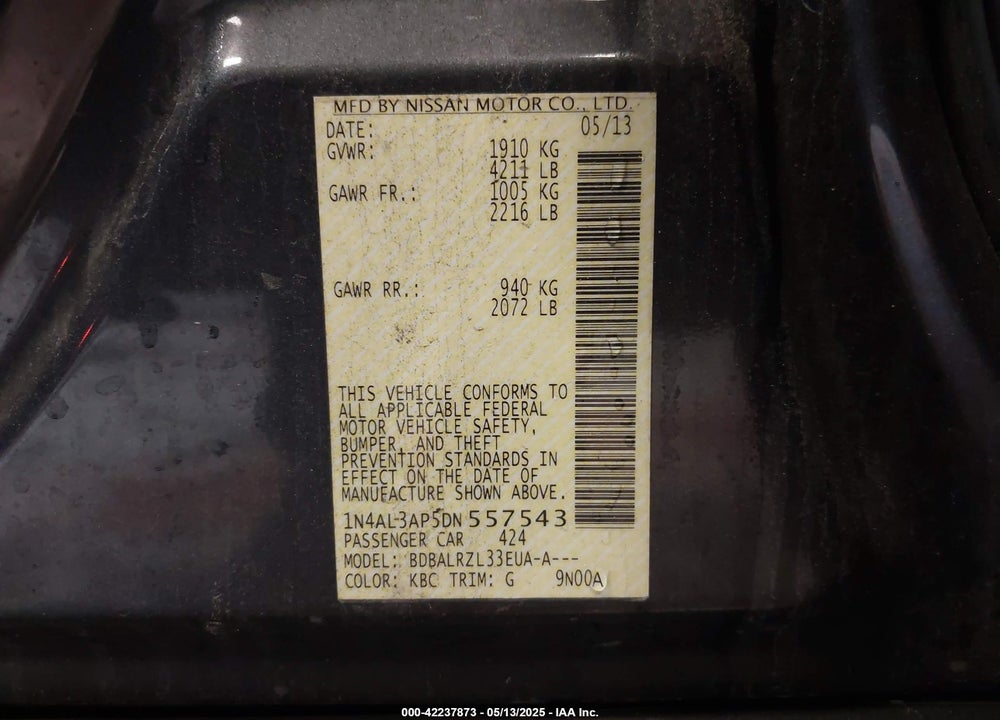 2013 NISSAN ALTIMA VIN: 1N4AL3AP5DN557543