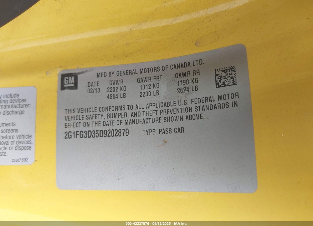 2013 CHEVROLET CAMARO VIN: 2G1FG3D35D9202879