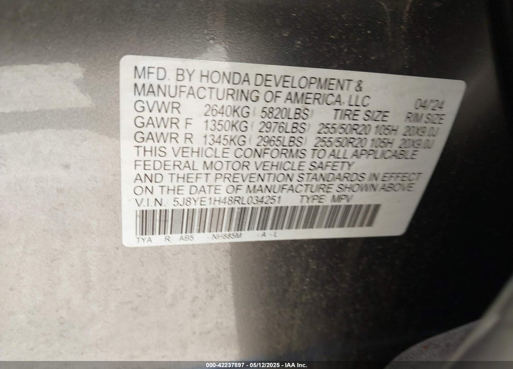 2024 ACURA MDX TECHNOLOGY PACKAGE VIN: 5J8YE1H48RL034251
