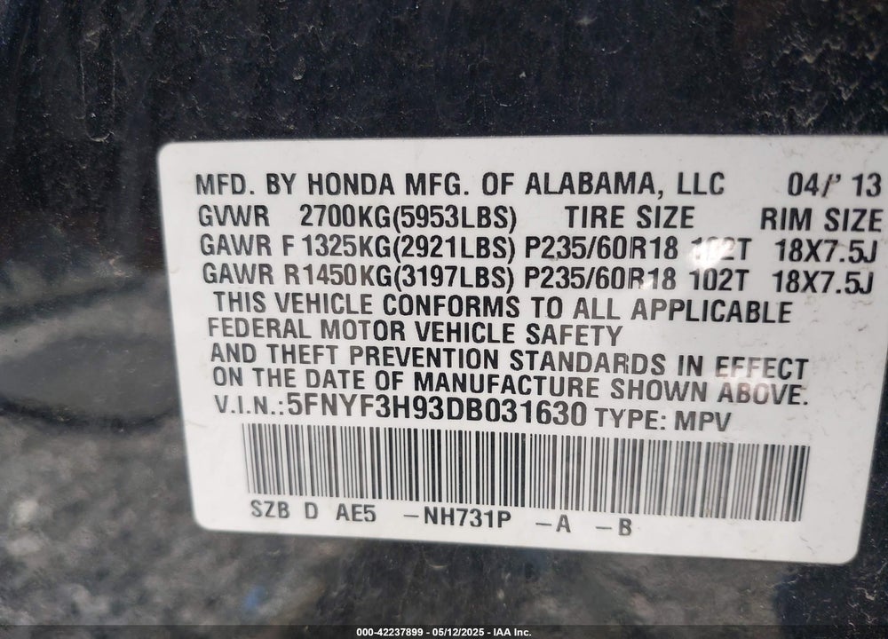 2013 HONDA PILOT VIN: 5FNYF3H93DB031630