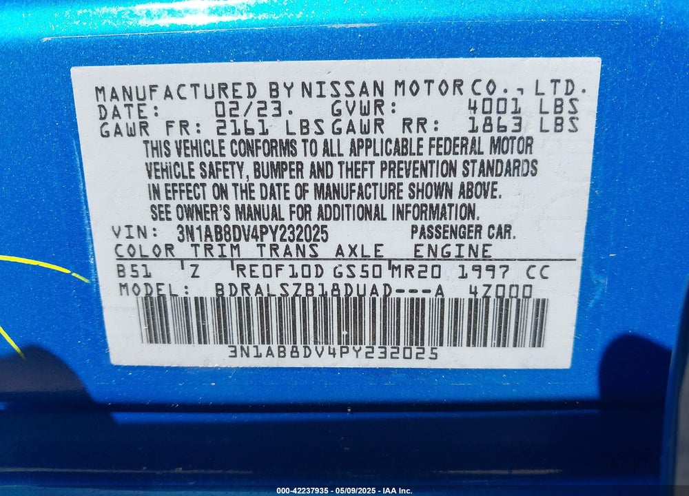 2023 NISSAN SENTRA VIN: 3N1AB8DV4PY232025