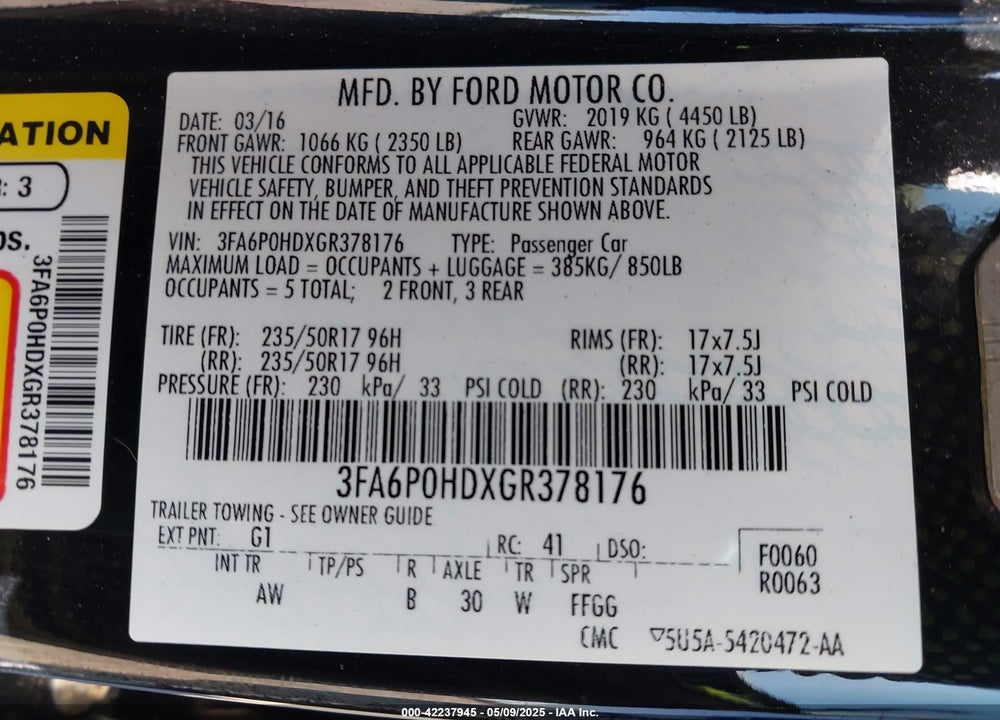 2016 FORD FUSION VIN: 3FA6P0HDXGR378176