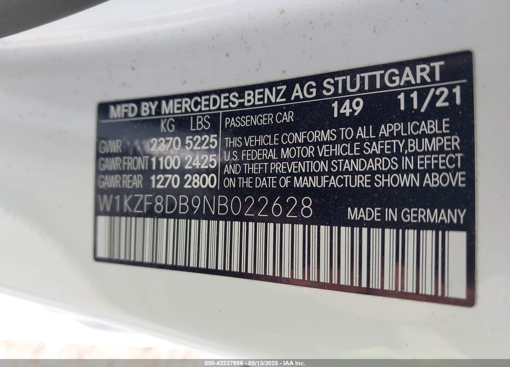 2022 MERCEDES-BENZ E 350 VIN: W1KZF8DB9NB022628