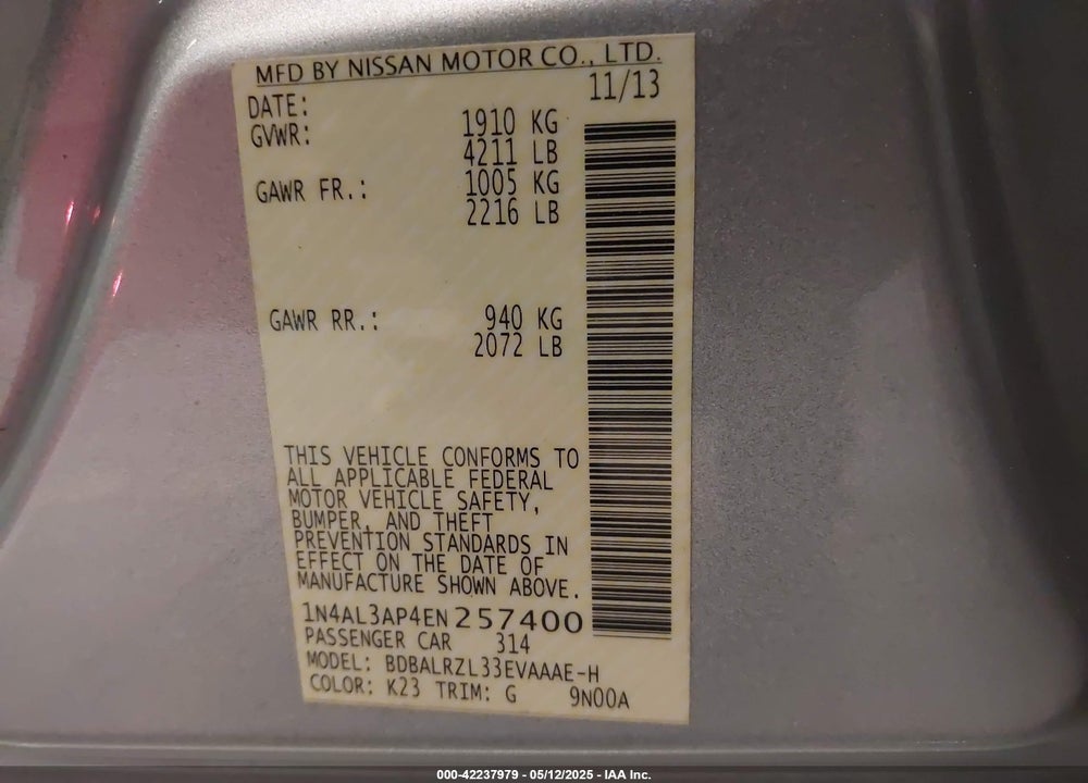2014 NISSAN ALTIMA 2.5 S VIN: 1N4AL3AP4EN257400
