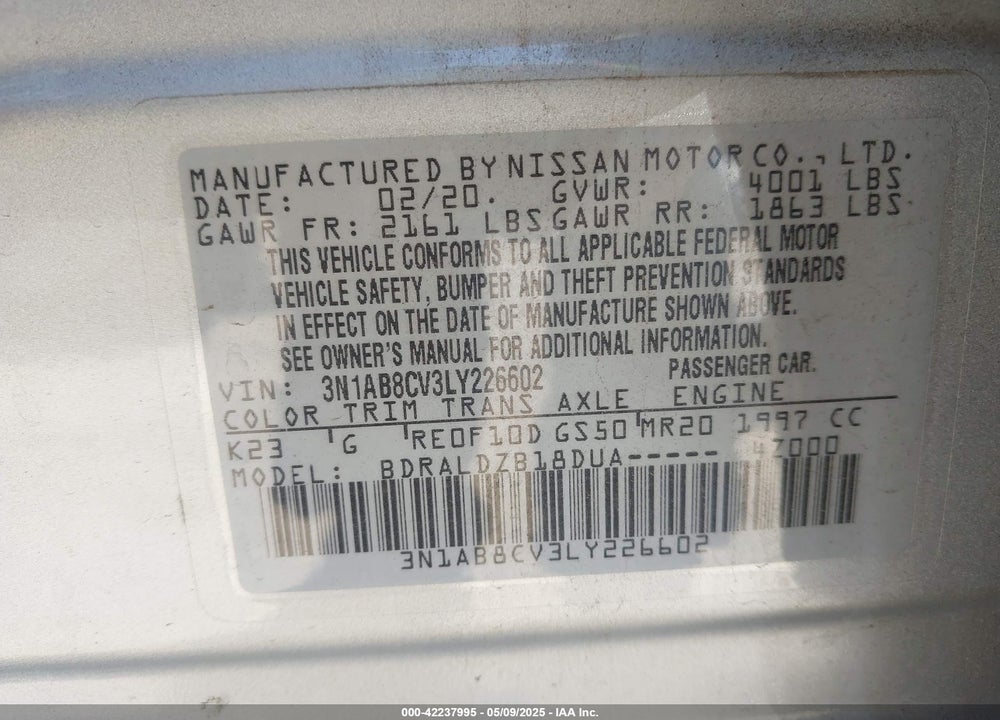 2020 NISSAN SENTRA VIN: 3N1AB8CV3LY226602