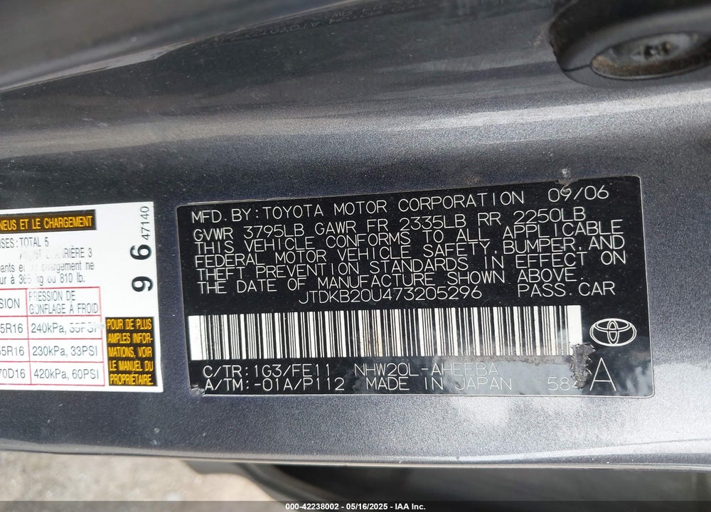 2007 TOYOTA PRIUS VIN: JTDKB20U473205296