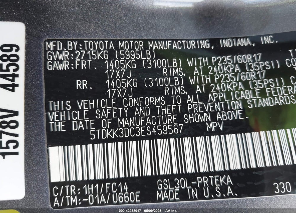 2014 TOYOTA SIENNA LE V6 8 PASSENGER VIN: 5TDKK3DC3ES459567