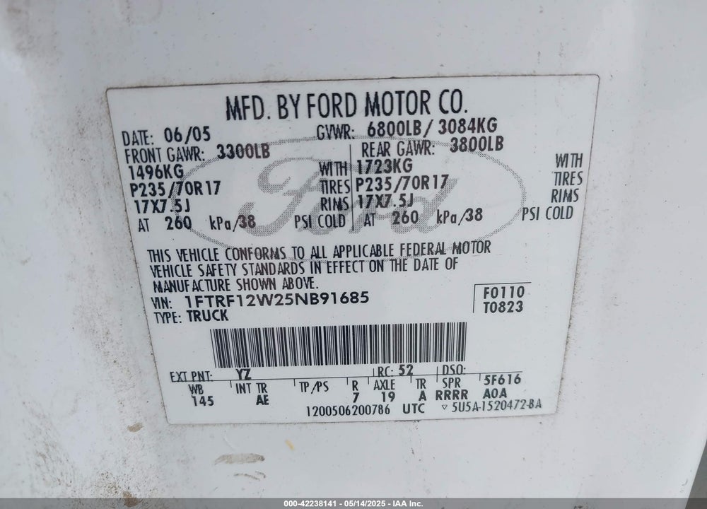 2005 FORD F150 VIN: 1FTRF12W25NB91685