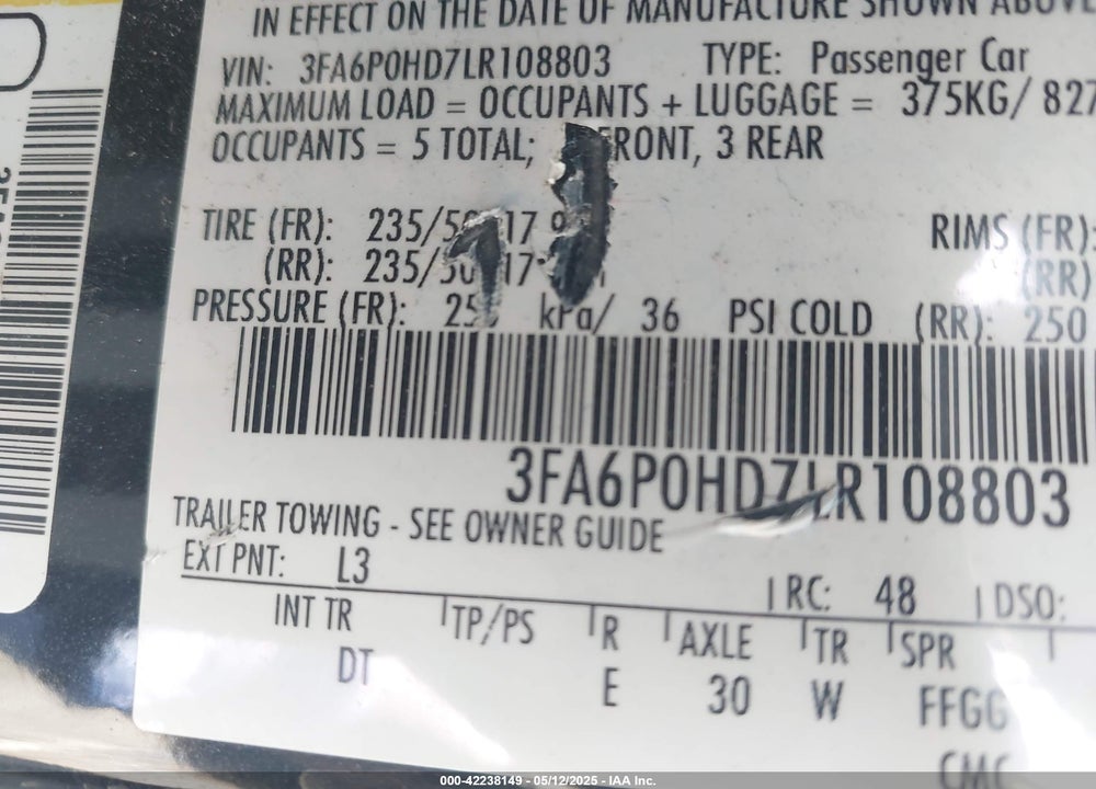 2020 FORD FUSION VIN: 3FA6P0HD7LR108803